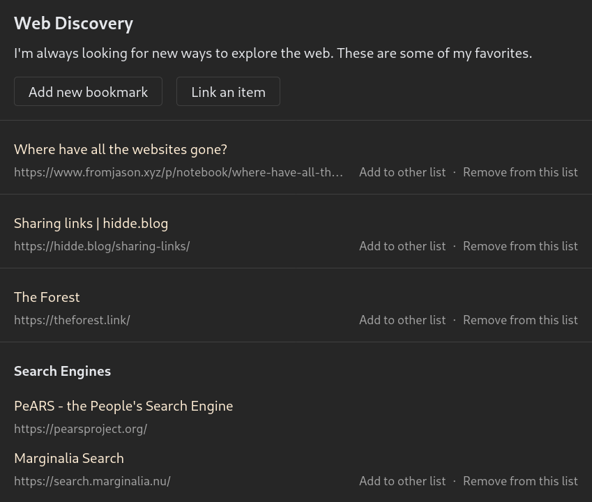 A screenshot of the linkblocks UI, showing a page titled linkblocks. It contains a list of bookmarks, and a link to another list of bookmarks titled search engines.